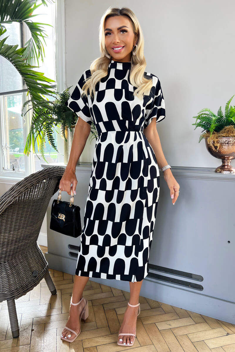 Black And Cream Abstract Print High Neck Wrap Skirt Midi Dress