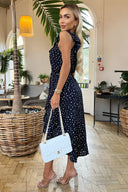 Navy Polka Dot One Shoulder Frill Detail Dipped Hem Dress