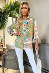 Green Paisley Multi Print Button Front 3/4 Sleeve Shirt