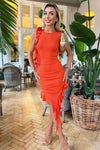 Burnt Orange Ruched Asymmetrical Frill Midi Dress With Flower Detail