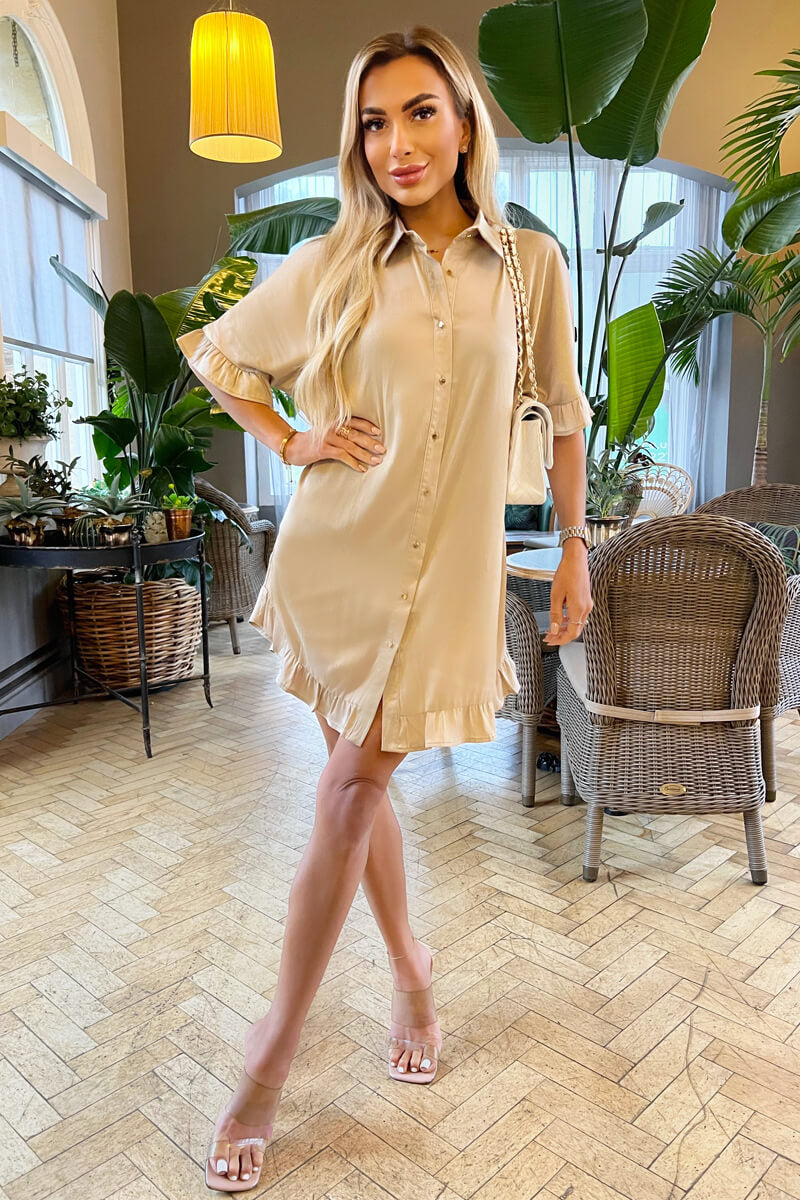 Stone Frill Detail Gold Button Front Shirt Dress