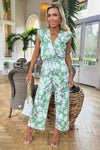 Green Printed Wrap Front Frill Sleeve Belted Jumpsuit