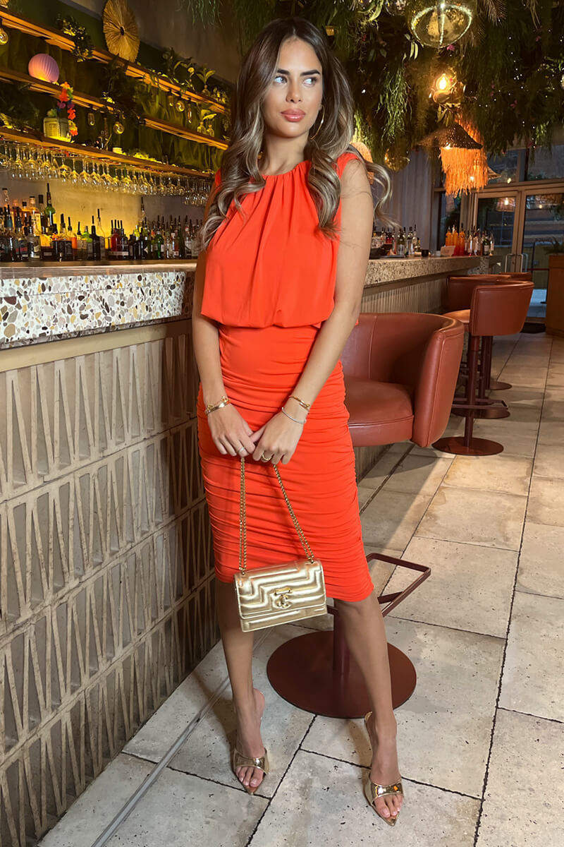 Burnt Orange Ruched Skirt Bodycon Midi Dress