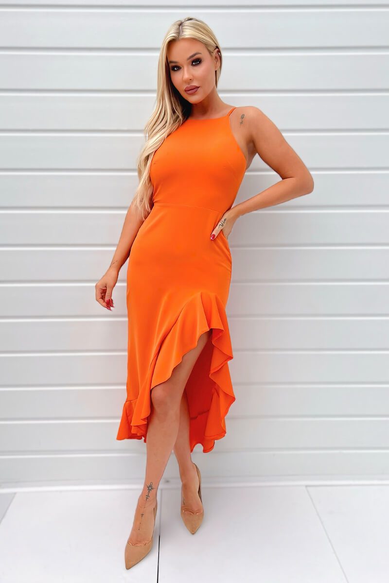 Blood Orange Racer Neck High Low Frill Hem Midi Dress