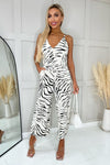 Stone And Black Animal Print V Neck Jumpsuit