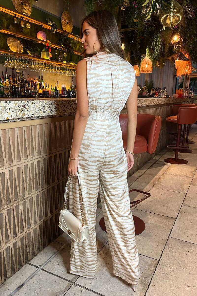 Stone Print V Neck Sleeveless Jumpsuit