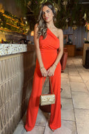 Burnt Orange One Shoulder Ruched Top Slinky Jumpsuit