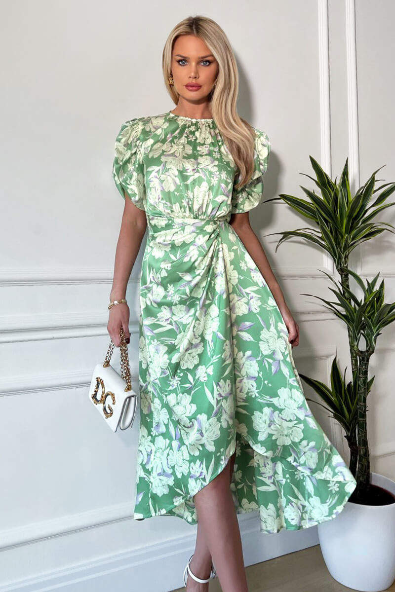 Green Floral Printed Short Puff Sleeve Gathered Side Midi Dress