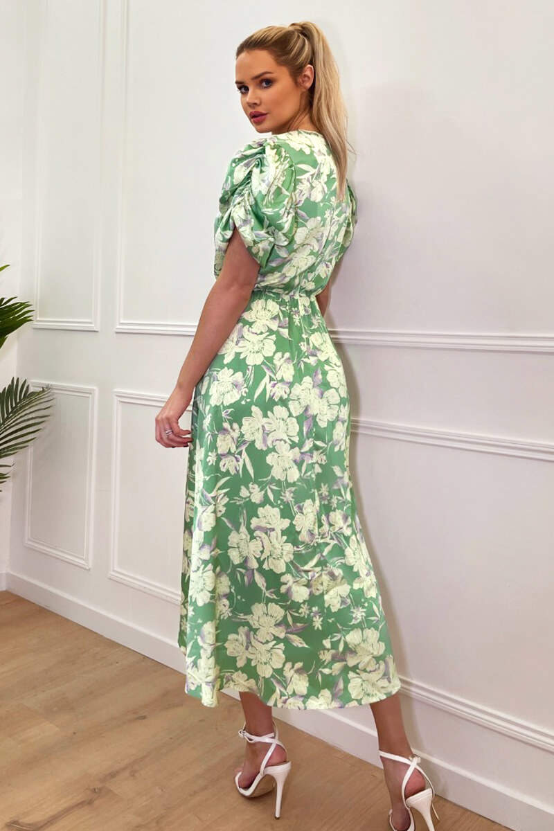 Green Floral Printed Short Puff Sleeve Gathered Side Midi Dress