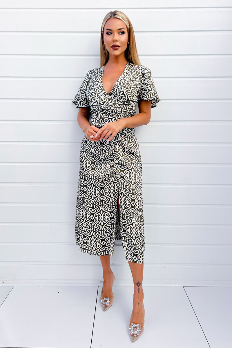 Khaki Printed Bell Sleeve Midi Dress