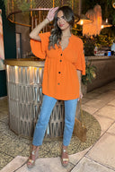 Orange Button Up Ruched Detail Smock V-Neck Top