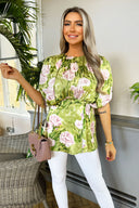 Green Floral Satin Ruched Shoulder Batwing Top