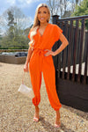 Burnt Orange V Neck Short Sleeve Belted Elasticated Cuff Jumpsuit