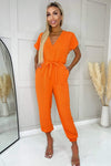 Burnt Orange V Neck Short Sleeve Belted Elasticated Cuff Jumpsuit