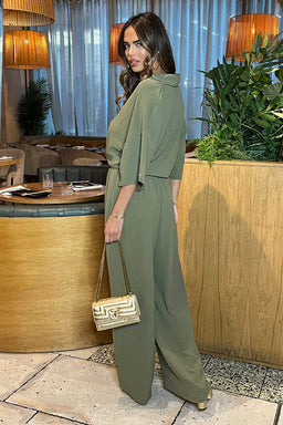 Khaki Wide Leg Trousers With Elasticated Waist