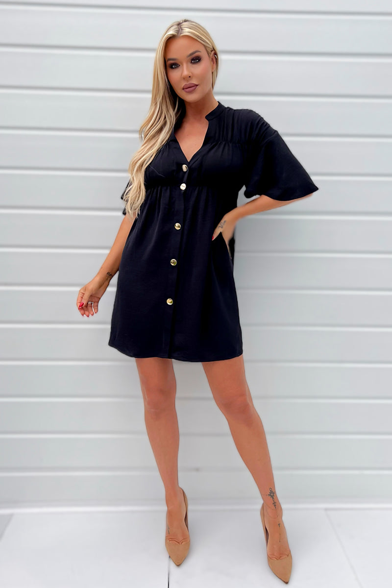 Black Button Up Ruched Detail Smock V-Neck Dress