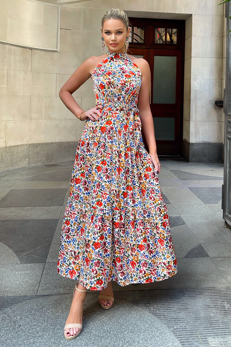 Multi Floral Print High Neck Tie Belt Midi Dress