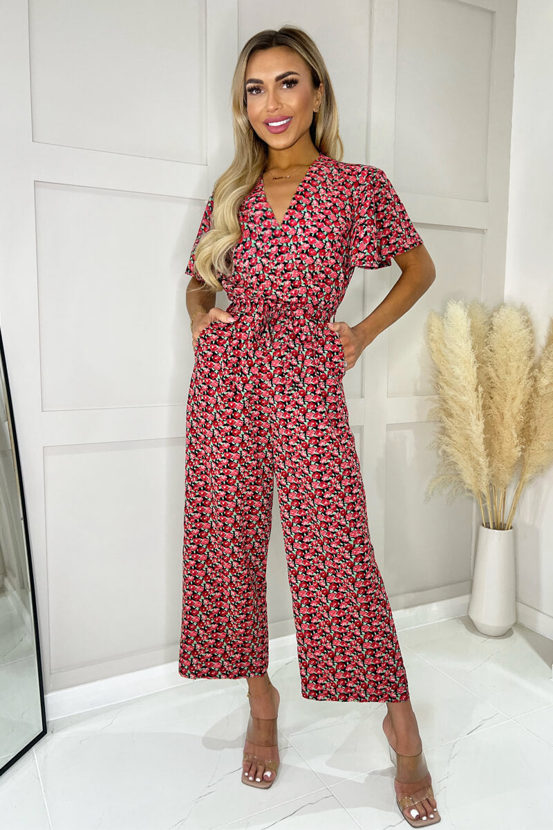 Red Floral Printed Butterfly Sleeve Belted Jumpsuit