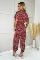 Red Floral Printed Butterfly Sleeve Belted Jumpsuit