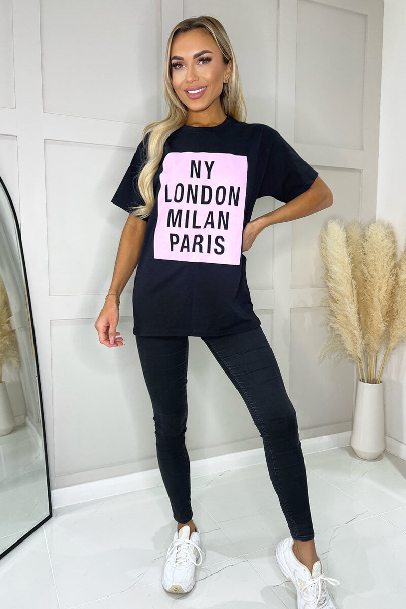 Black NY London Milan Paris Slogan T-Shirt