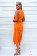 Blood Orange Gathered Midi Dress With Shoulder Pads