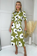 Olive Bold Floral Print Midi Shirt Dress