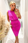 Hot Pink Ruched Skirt Bodycon Midi Dress