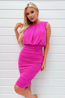 Hot Pink Ruched Skirt Bodycon Midi Dress