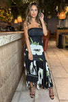 Black Floral Printed Strapless Ruched Midi Dress