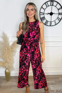 Pink And Black Printed Sleeveless Knot Front Jumpsuit