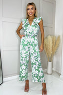 Green Printed Wrap Front Frill Sleeve Belted Jumpsuit