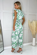 Green Printed Wrap Front Frill Sleeve Belted Jumpsuit