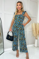 Blue Multi Floral Printed Frill Straps Jumpsuit