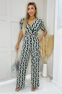 Green And Blue Geometric Multi Printed Wrap Top Belted Jumpsuit