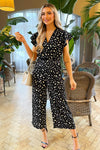 Black Printed Wrap Short Frill Sleeved Jumpsuit