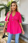 Hot Pink Button Up Ruched Detail Smock V-Neck Top