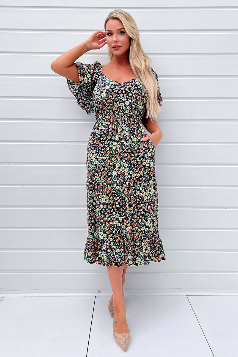 Multi Ditsy Printed Flutter Sleeve Midi Dress