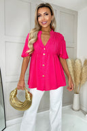 Hot Pink Button Up Ruched Detail Smock V-Neck Top