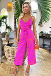 Pink and Orange Printed Wrap Top Tie Waist Full Length Jumpsuit