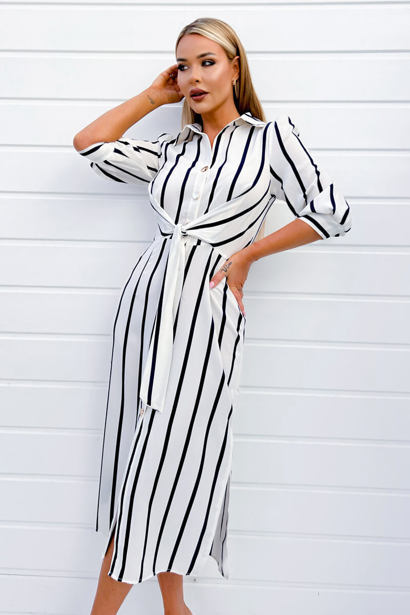 Cream And Navy Striped Button Up 3/4 Sleeve Midi Dress