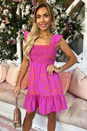 Hot Pink Shirred Frill Detailed Mini Dress