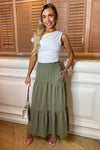 Khaki Shirred Waist Maxi Skirt