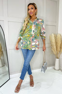 Green Paisley Multi Print Button Front 3/4 Sleeve Shirt