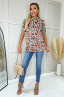 Multi Floral Print Frill Neck Top