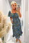 Blue Floral Printed Flutter Sleeve Midi Smock Dress