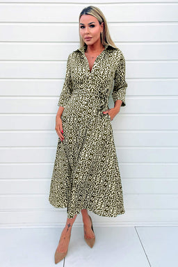 Khaki And Cream Print Shirt Midi Dress