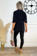 Black Button Up Ruched Detail Smock V-Neck Top