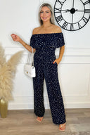 Navy Polka Dot Bardot Jumpsuit