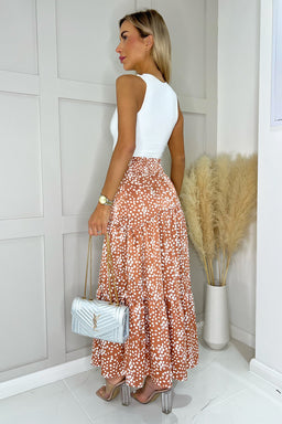 Mocha Print Shirred Waist Maxi Skirt