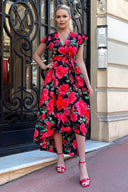 Red Floral Print Short Sleeve Belted Wrap Midi Dress